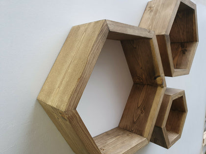 Set of 3 wooden handmade hexagon shelves made from pine wood - dark oak