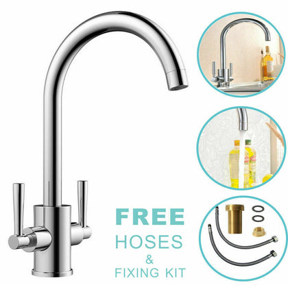 Modern Kitchen Sink Mixer Taps Swivel Spout Dual Lever Tap Mono Chrome Faucet