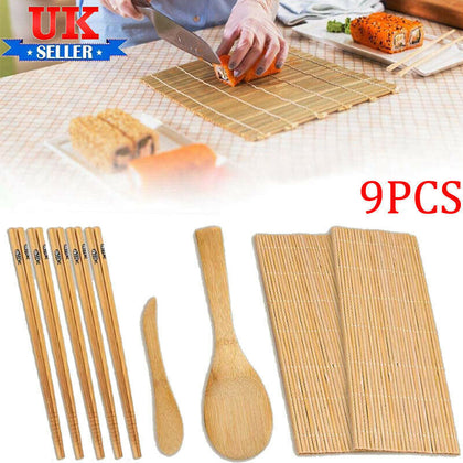 9PCS Sushi Making Kit DIY Bamboo Mats Rolling Set Spreader Rice Chopsticks Gifts