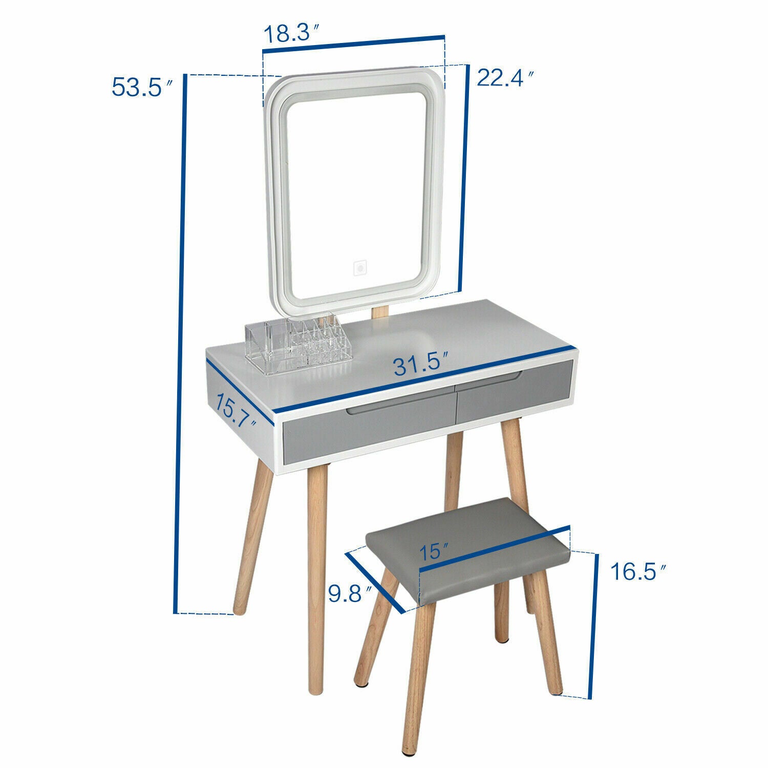 Dressing Table Vanity Desk LED Lighted Mirror Set Makeup Dresser Table w/Stool