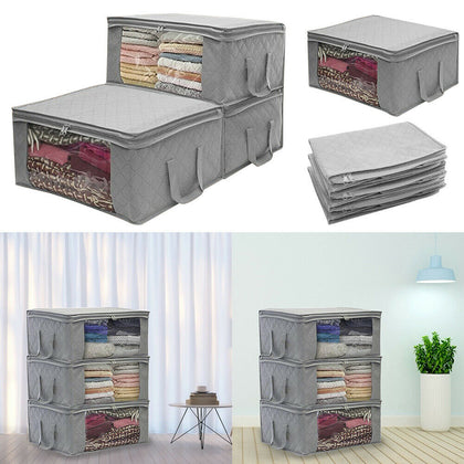 3x Grey Clothes Storage Bags Ziped Organizer Underbed Wardrobe Cube Closet Boxes