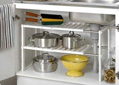 KITCHEN RACK ORGANISER ADJUSTABLE UNDER SINK STORAGE TIDY SHELF UNIT REMOVEABLE