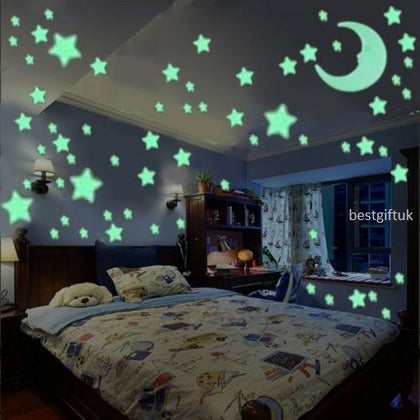100 Wall Glow In The Dark Moon+Stars Stickers Baby Kids Nursery Bed Room Ceiling