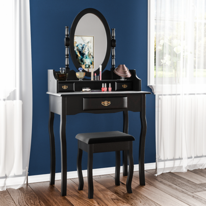 Nishano Dressing Table 3 Drawer Stool Black Mirror Bedroom Makeup Desk Dresser