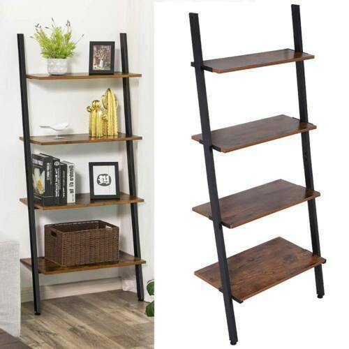 4 Shelves Wood Metal Ladder Shelf Bookshelf Display Shelving Leaning Wall Stand