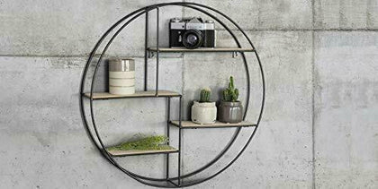 Large Round Wall Unit Industrial Style Retro Metal Wood Home Shelf Storage Iron