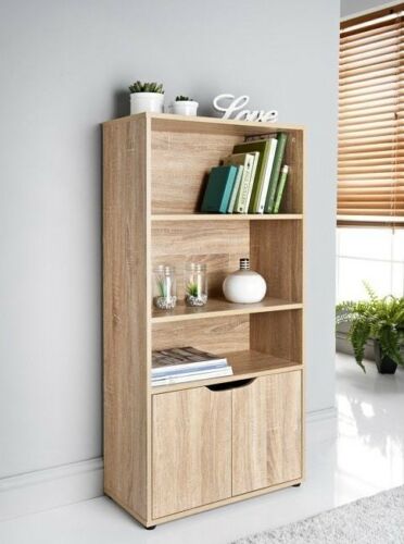 Stylish 2 Door Bookcase Shelf with Adjustable Shelves Storage Cabinet Oak Finish