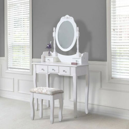 White Dressing Table, Oval Mirror & Stool Set (5 Drawer) Bedroom Makeup Desk