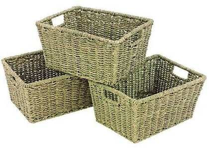 WoodLuv Set of 3 Seagrass Storage Shelf Basket with Insert Handles