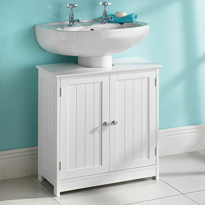 0059-White Wood Under Sink Cabinet Bathroom Storage Unit