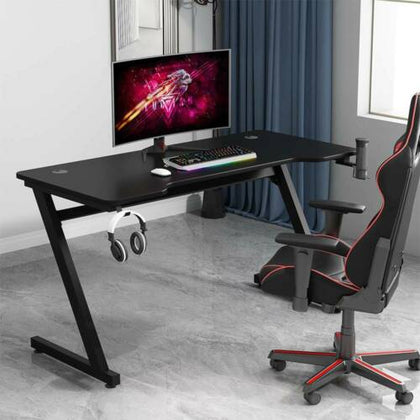 Gaming Desk Steel Frame w/ Cup Headphone Holder Adjustable Feet Black Computer