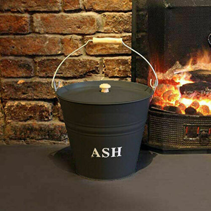 Large 12L Fireside Ash Bucket With Lid Metal Coal Storage Log Holder Tidy Bin