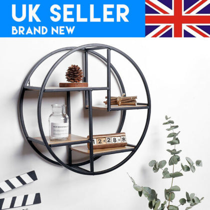 Vintage Wall Unit Retro Wood Industrial Metal Shelf Rack Storage Display Round