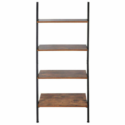 4 Shelves Wood Metal Ladder Shelf Bookshelf Display Shelving Leaning Wall Stand