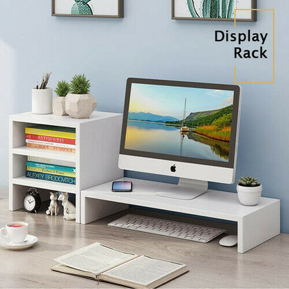 Monitor Stand TV PC Laptop Computer Screen Riser w/ 3 Tier Bookcase Set White