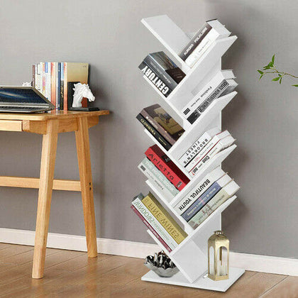 White 9 Tier Tree Bookshelf MDF Standing Bookcase Rack Small Space Home/Office