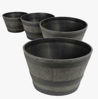 4pk Half Barrel Flower Planter Pot Wooden Oak Effect Outdoor Decoration Garden