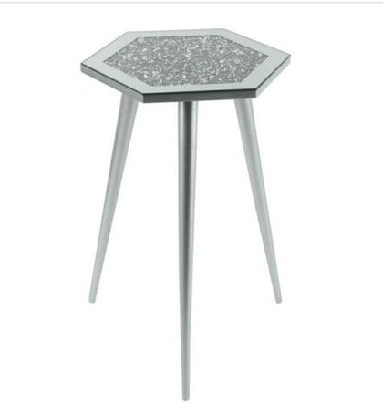 Mirrored Hexagon Glass Side Table Crystal Diamante Top Tripod Silver Legs 50cm