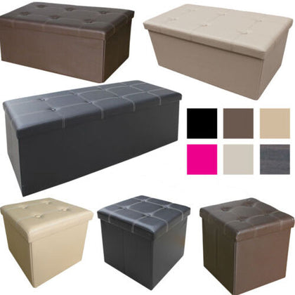 LARGE OTTOMAN FAUX LEATHER STOOL FOLDING SEAT CHEST FOLDABLE STORAGE BOX FOOT