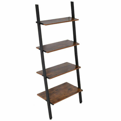 4 Shelves Wood Metal Ladder Shelf Bookshelf Display Shelving Leaning Wall Stand
