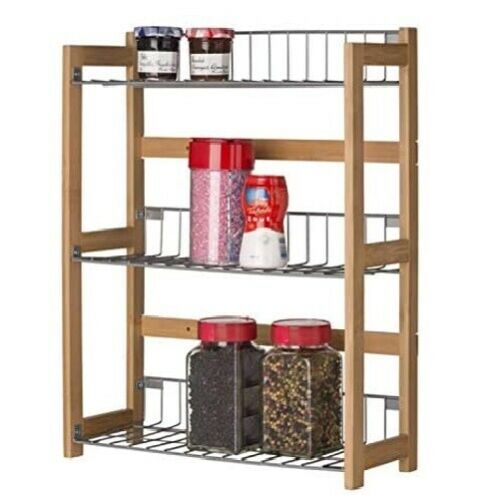 New Bamboo 3 Tier Wood Kitchen Rack with 3 Shelves for Spice Rack, Fruit Rack !