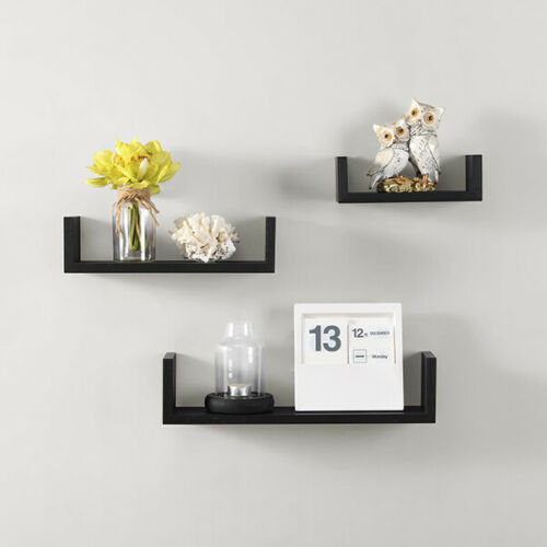 Set of 3 U Shape Floating Wall Shelf Storage Display White Black Oak Grey Blush