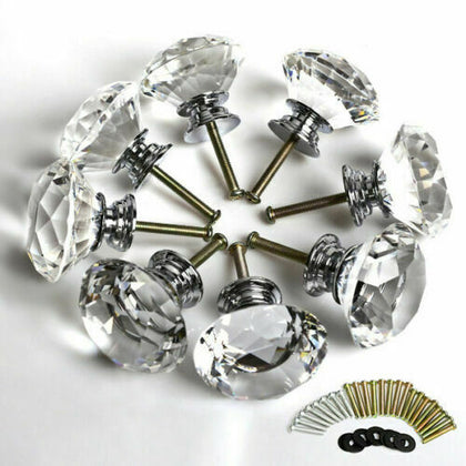 16Pcs Clear Diamond Crystal Glass Door Knobs Drawer Wardrobe Cabinet Handles