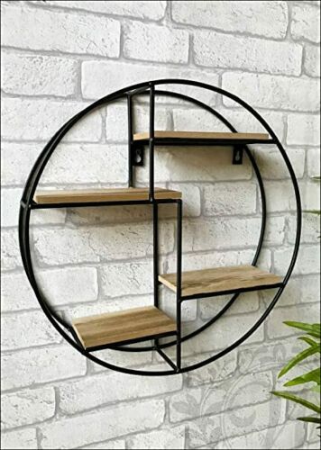 Large Round Wall Unit Industrial Style Retro Metal Wood Home Shelf Storage Iron