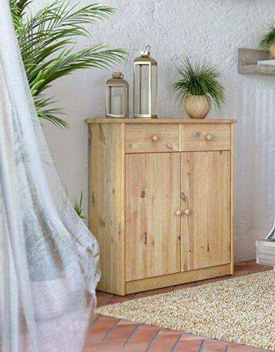 Beige Sideboard Cabinet Cupboard Doors 2 Storage Drawers Solid Pine Wood Unit