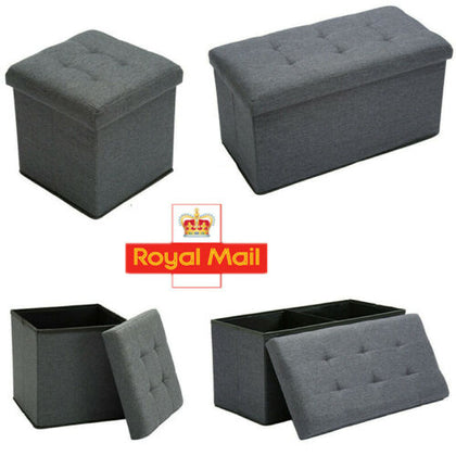 GREY LINEN FOLDING STORAGE OTTOMAN POUFFE SEAT FOOT STOOL HOME STORAGE BOX UK