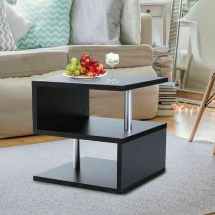 Small Square Coffee Table Black Modern 2 Tier Side Table Bedside Nightstand Unit