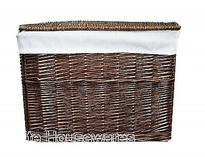 Woodluv Lrg Brown Wicker Storage Basket Trunk Chest Hamper Lidded W/ White Linin