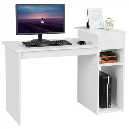 White Compact Computer Desk PC Latop Table w/ Drawer 2 Shelves for Small Spaces