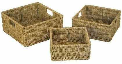 Set Of 3 Natural Nested Seagrass Wicker Square Desk Storage Baskets With Handles