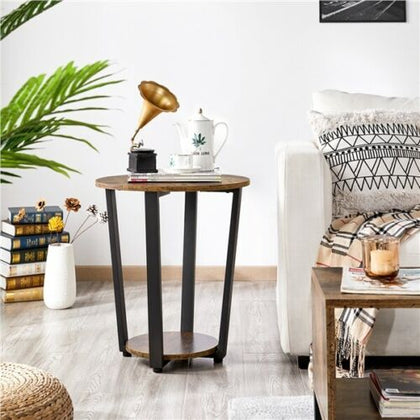 Industrial Bedside Table Round Sofa Side End Table/Nightstand Wood Metal Frame