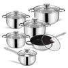 12pc Induction Stainless Steel Cookware Kitchen Glass Lids Pot Pan Set