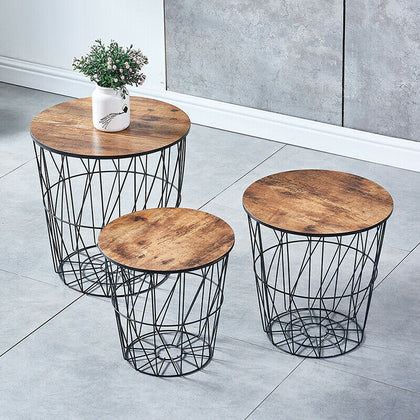 Pack of 3 Round Nested Geometric Wire Occasional Side End Table Storage Basket