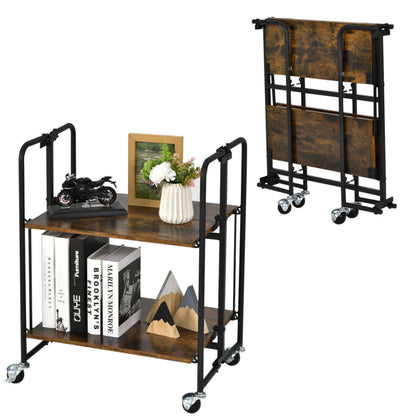 2-Tier Folding Rolling Cart Industrial Kitchen Serving Island on Wheels Foldable