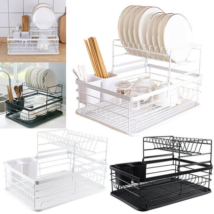 2 Tier Dish Drainer Rack Kitchen Counter Plates Bowls Utensil Draining Holder