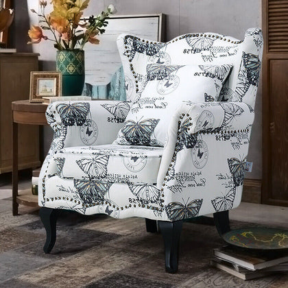 Retro Flower Butterfly Accent Chair Wingback Armchair with Wood Frame LivingRoom