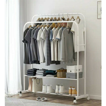 White Elegant Garment Dual Clothes Rack Rail Rolling Hanging Shelf Closet Storag