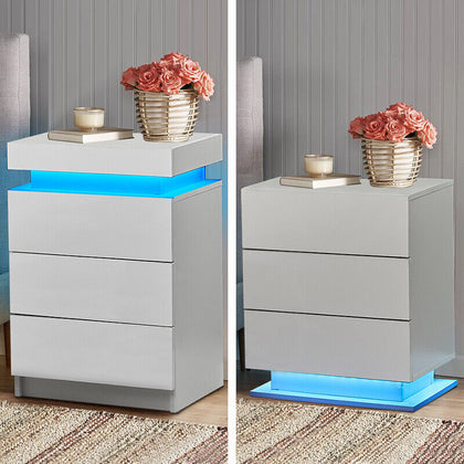 High Gloss LED Bedside Tables Cabinets 3 Drawers Nightstand Bedroom White Black