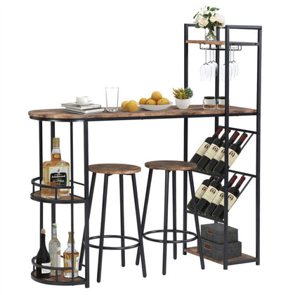 Industrial Bar Table Set with 2 Chairs Dining Set w/ Wine Rack Side Storage BT