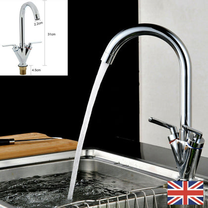 Kitchen Tap Monobloc Round Sink Mixer Twin Lever Handle Chrome Modern Taps