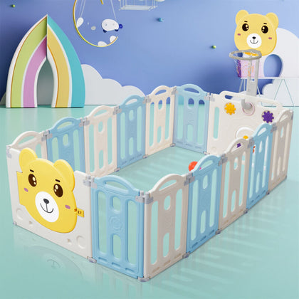 12+2 Panels Baby Playpen Foldable Kids Safety Activity Center & Basketball Hoop