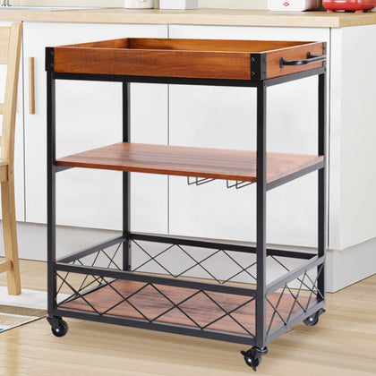 Kitchen Trolley 3 Tier Industrial Wood Metal Frame Rolling Drinks Serving Cart