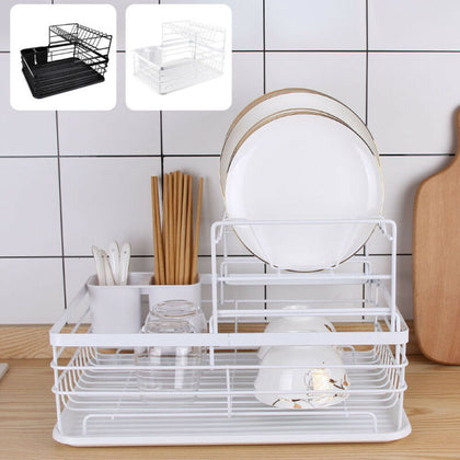 2 Tier Dish Drainer Metal Wire Cutlery Draining Holder Plate Rack With Tray UK