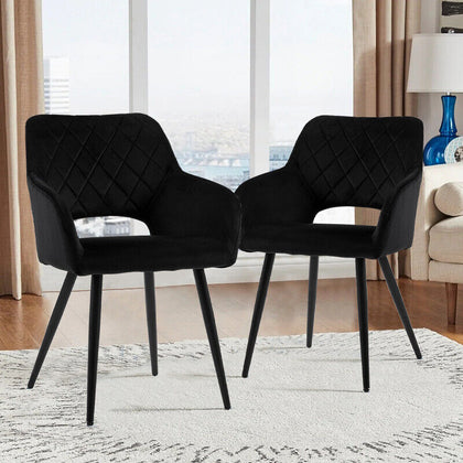 2Pcs Dining Chair Velvet Chair Diamond Seat with Metal Leg Dining Room Black