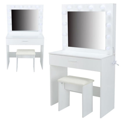 White Modern Dressing Table with LED Lights Mirror Vanity Make up Desk Stool Set