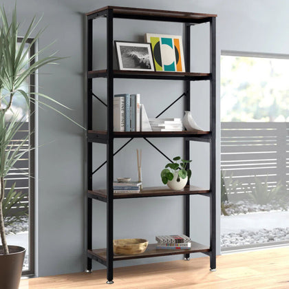 5 Tiers Floor Bookshelf Etagere Bookcase Industrial Wood Shelf Living Room Stand
